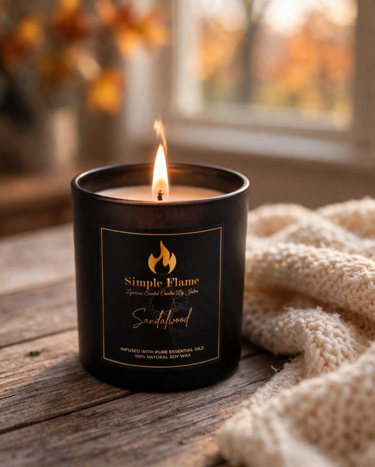 A lit candle glowing warmly in a cosy home