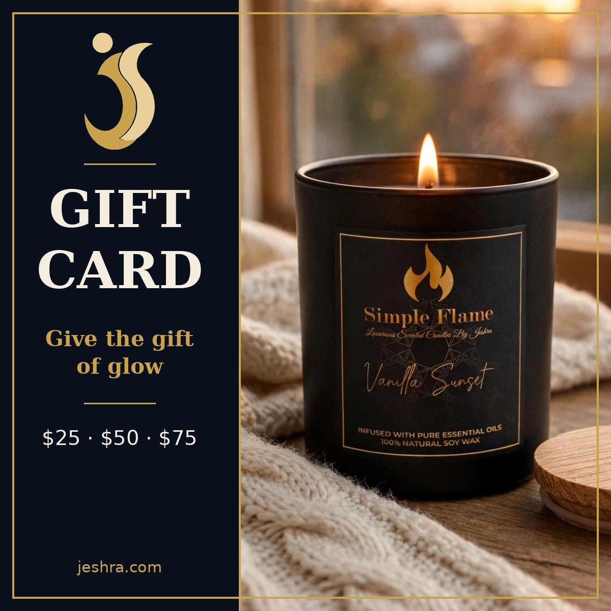 Jeshra Gift Card — hand-poured soy candle gift card, $25 to $75